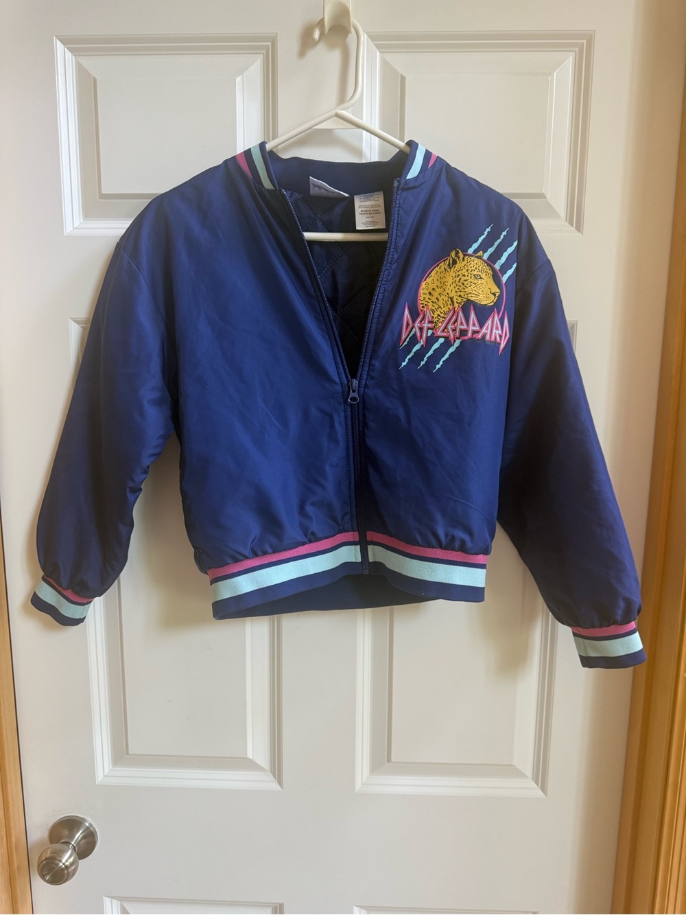 Def Leppard Embroidered Leopard Navy Bomber Jacket kids 10/12